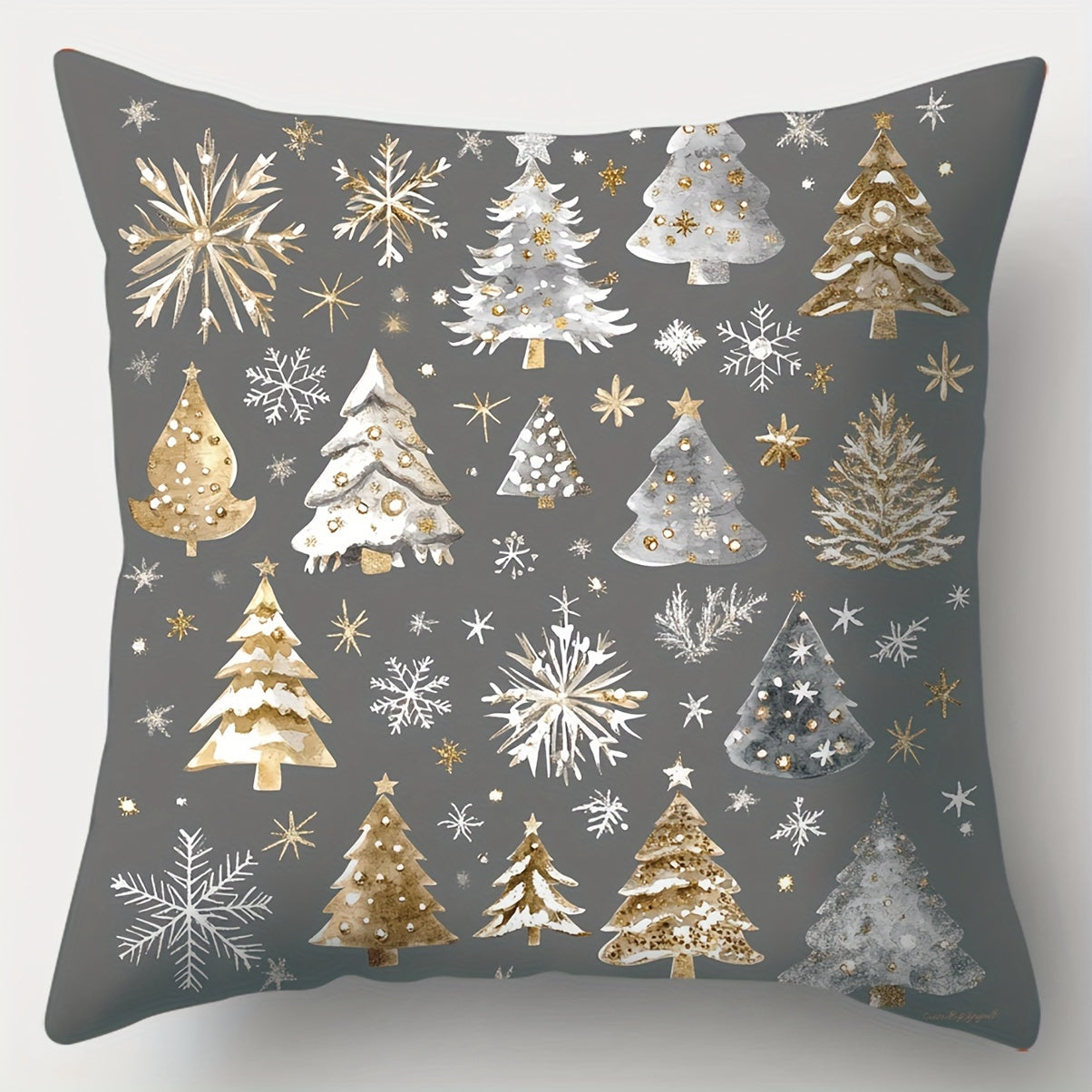 4-Pack Christmas throw pillow covers with festive golden and gray prints featuring snowman, trees, and winter designs. Made of polyester with zipper closure, machine washable. Ideal for living room decor. Woven pillowcases, pillow core not included.