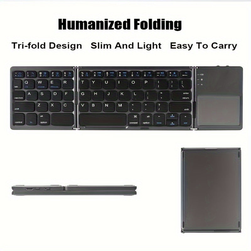 Portable and rechargeable wireless keyboard with touchpad, compatible with iPad Air 2, Windows 10, and Android devices. 81 keys, lightweight design, and durable construction.