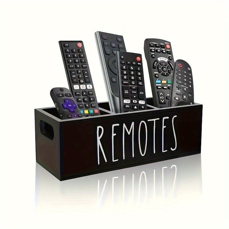 Wooden remote control organizer box for TV remotes, office supplies, and stationery. Multi-compartment design for home or office organization. Can be used as a remote control holder, desk organizer, or drawer organizer.