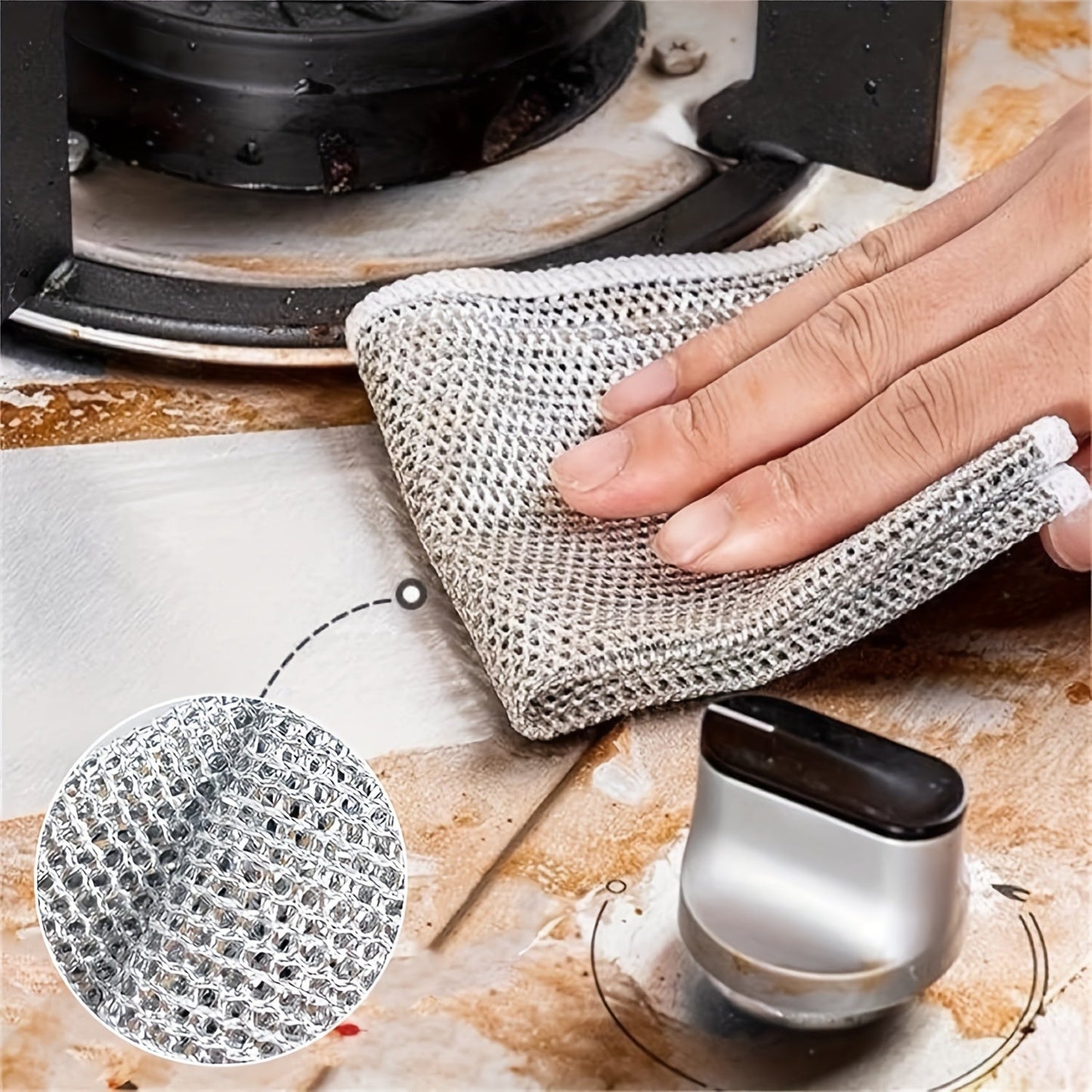 Pack of five silver nylon dishwashing cloths with scratch-resistant contemporary design. These woven square kitchen towels are perfect for cleaning outdoor spaces, bathrooms, and patio furniture.