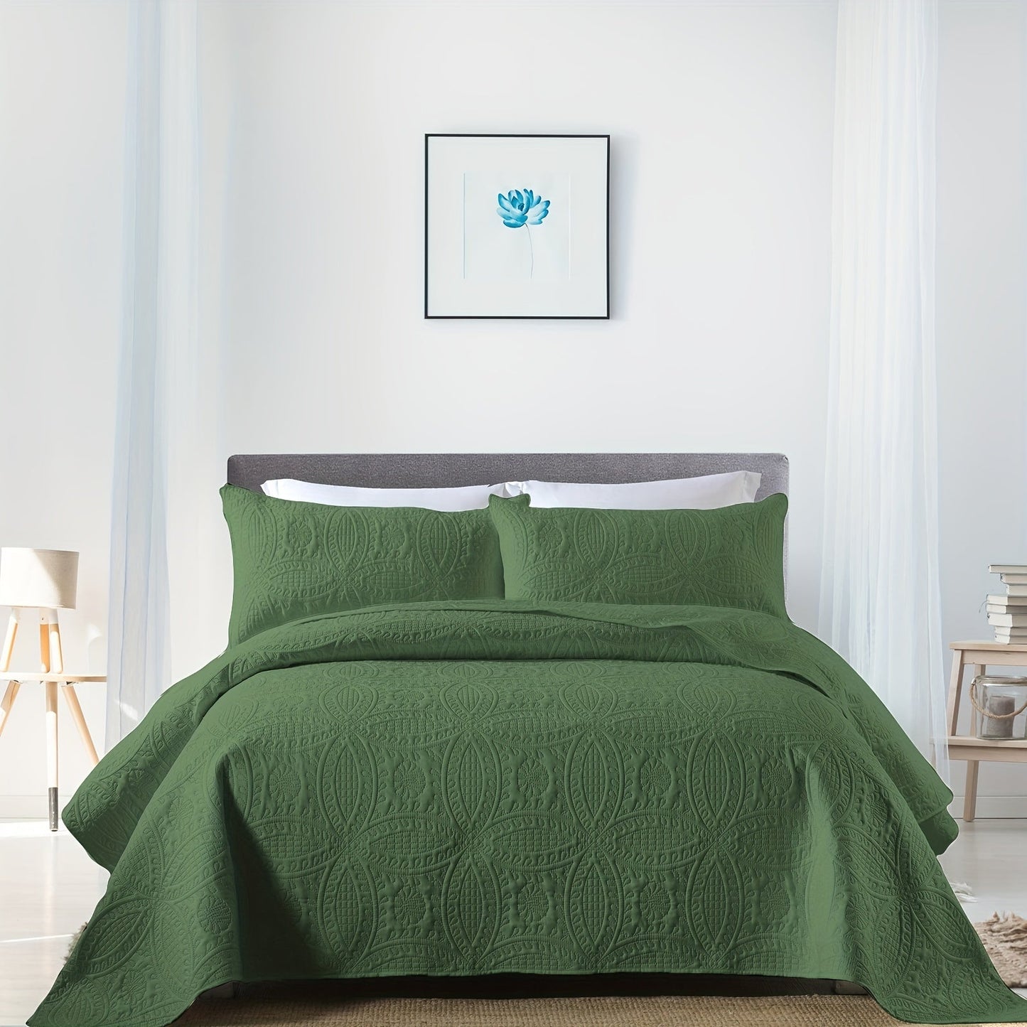 Comfortable and airy three-piece bedspread set featuring Soundwave technology and embossed circles design. Set includes one bedspread and two pillowcases, ideal for adding a touch of summer comfort to your bedroom or dorm decor. The perfect addition to