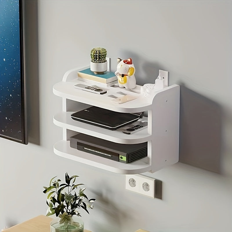 Wall-mounted organizer rack for 1 router and TV box, made of space-saving PP material. Easy to install without drilling, this shelf is the perfect storage solution for home entertainment.