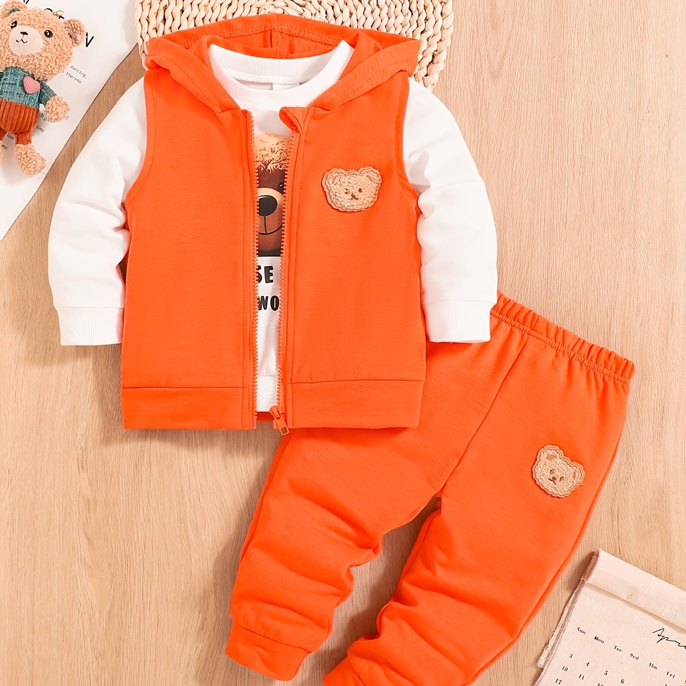 Children's 3-piece Boy Bear Embroidery Set including hooded vest, sweatshirt, and pants. Perfect for spring and autumn outdoor wear, great as a gift.