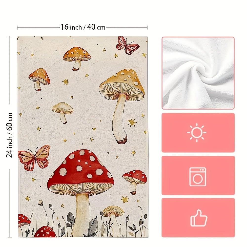 Two whimsical mushroom and butterfly kitchen towels made from ultra soft and highly absorbent polyester. These dish cloths are machine washable and measure 40.64x60.96 cm. Perfect for adding a touch of holiday decor to your kitchen, these towels are both