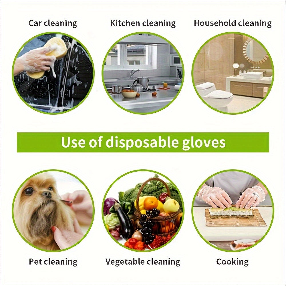 100 pieces of versatile disposable gloves made from thick, transparent TPE material ideal for use in the kitchen, baking, cleaning, and more. These gloves are lead-free and waterproof, making them essential for household tasks.