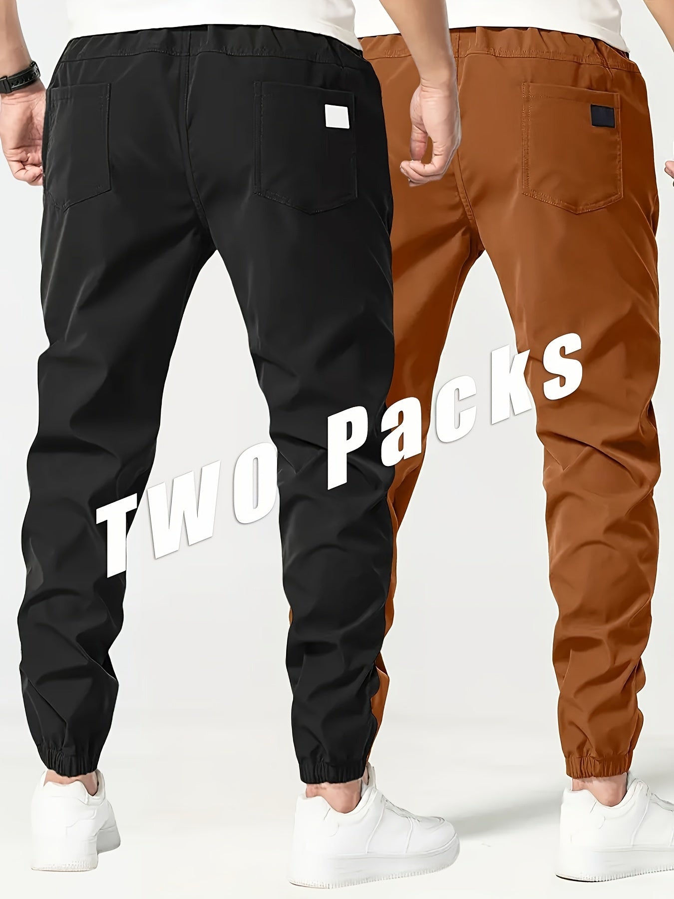 2-Pack Men's Cargo Pants, 100% Polyester, Solid Color, Loose Fit with Drawstring, Regular Length, for Hiking & Outdoor Wear