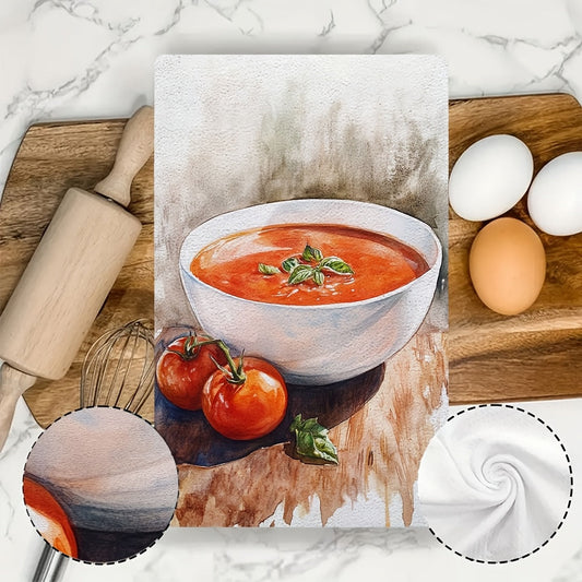 Get 2-piece Ultra Soft Kitchen Towels - Made of Highly Absorbent Polyester, these Machine Washable Dish Hand Towels feature a Tomato Soup & Basil Design. Measuring 40.64x60.96 cm, they are Perfect for Holiday Decor and Dish Towels.