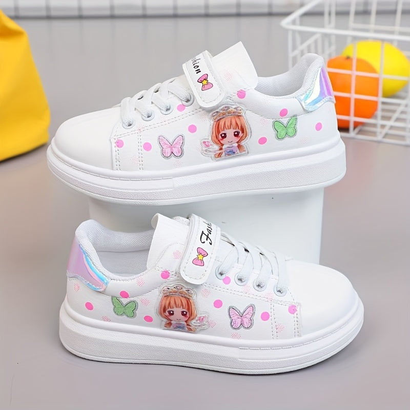 Stylish white sneakers with cute cartoon designs for girls, ideal for casual wear in spring and autumn.