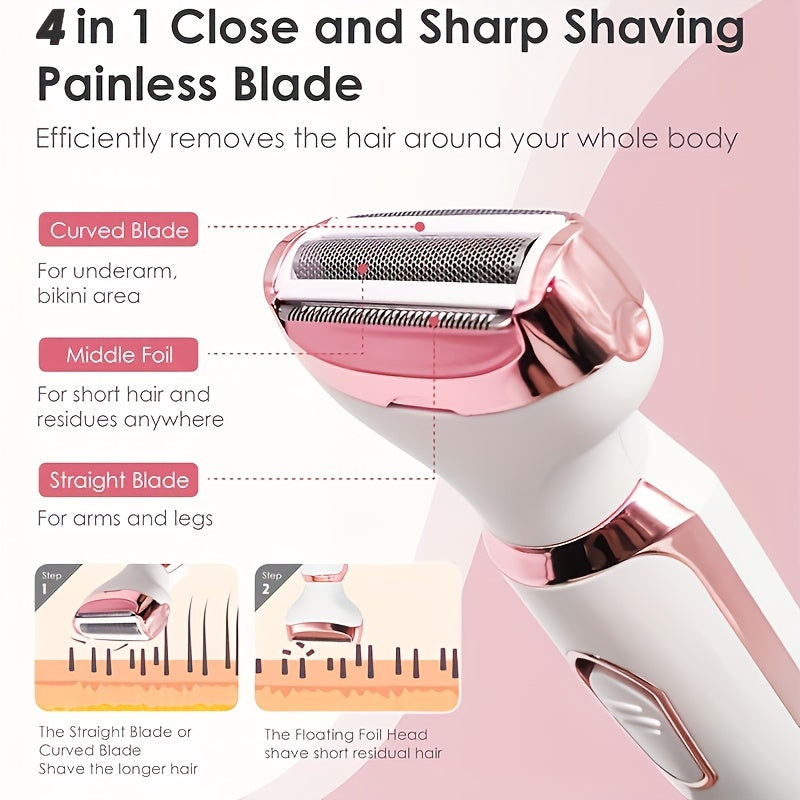 4-in-1 Women's Electric Shaver Kit with USB rechargeable, stainless steel blades for face, nose, legs, and bikini area - Ideal gift for her.