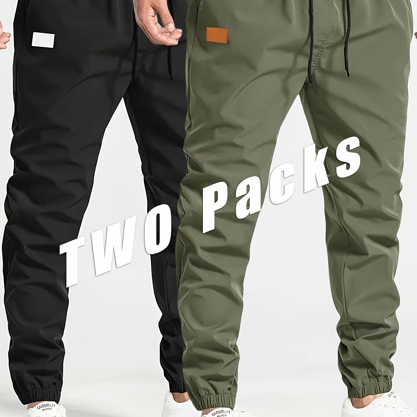 2-Pack Men's Cargo Pants, 100% Polyester, Solid Color, Loose Fit with Drawstring, Regular Length, for Hiking & Outdoor Wear