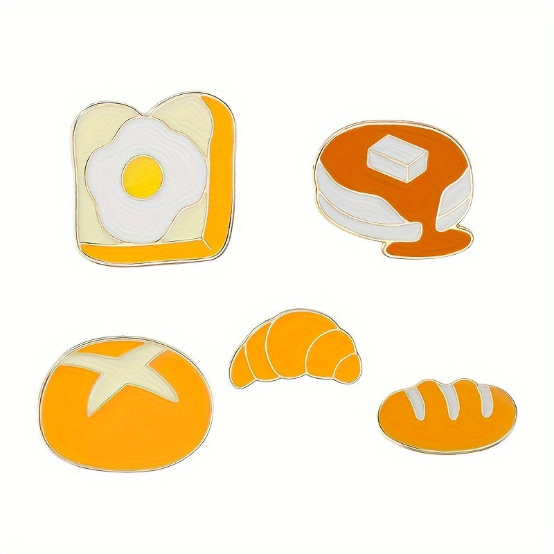 Set of five cartoon-inspired cute breakfast food enamel pins featuring bread-shaped minimalist brooches. These decorative lapel pin badges can be used on bags and jewelry to add a fun touch with pastry and egg-themed accessories.