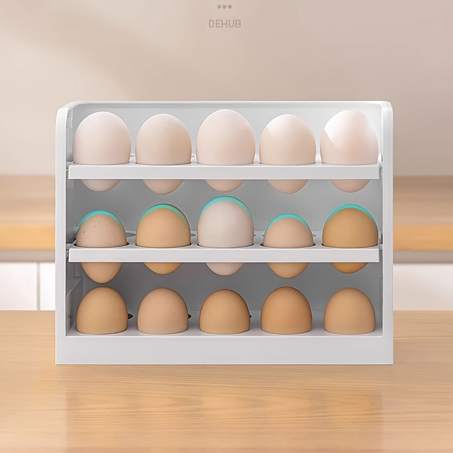 Large capacity plastic refrigerator egg holder with flip storage box for organizing and maintaining freshness of 30 eggs without batteries.