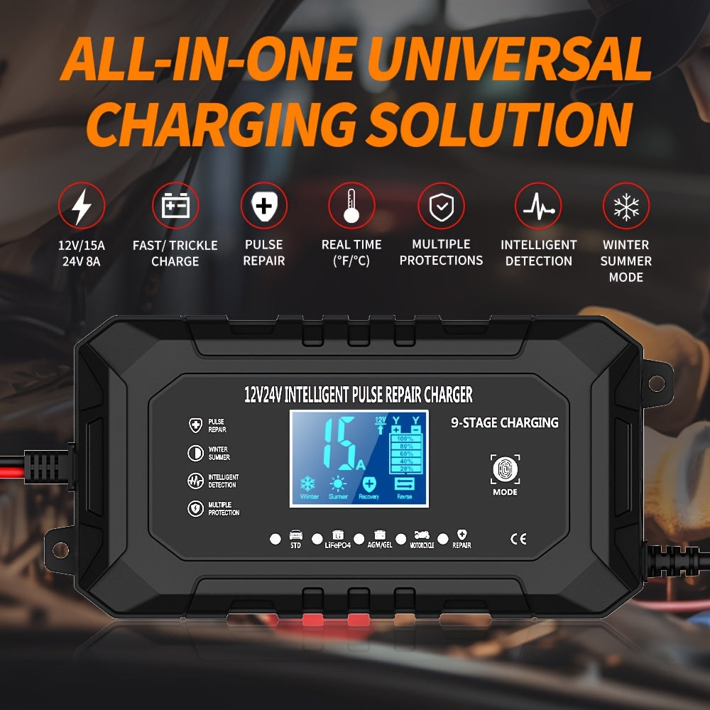 RJTIANYE Smart Car Battery Charger is a versatile charger with advanced protection features, perfect for a variety of vehicles including cars, RVs, and boats. It is portable and compatible