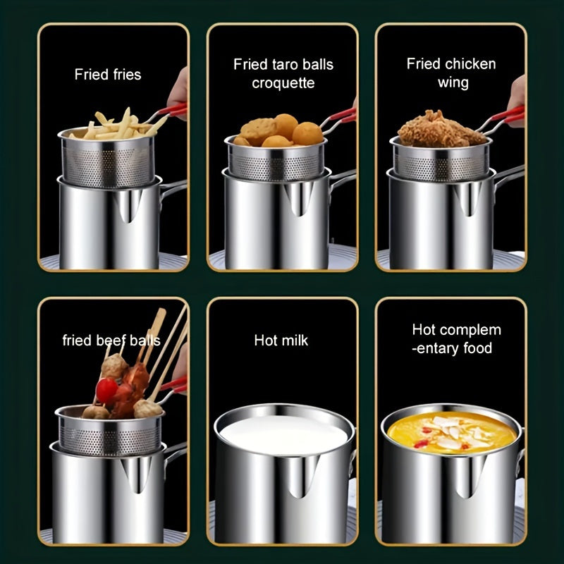 Compact and easy-to-use stainless steel deep fryer with filter rack, ideal for crispy potato chips, French fries, fish, and chicken. Essential for home cooking.