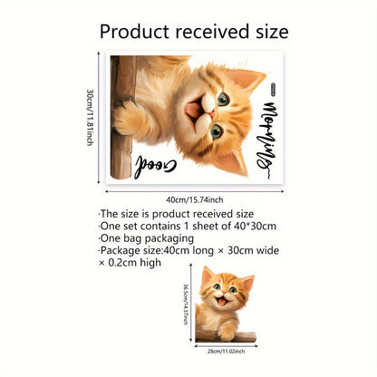 Double-sided electrostatic window sticker featuring a cute English cat design with the message "good morning." This sticker is visible from both inside and outside the home, and can be easily removed and repositioned. Perfect for decorating windows or