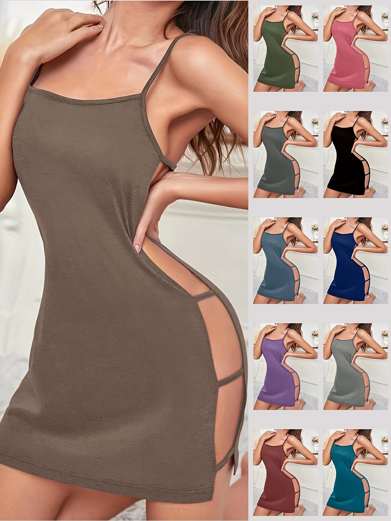 Seductive nightgown with backless round neck and side cutouts, perfect for women's sleepwear.