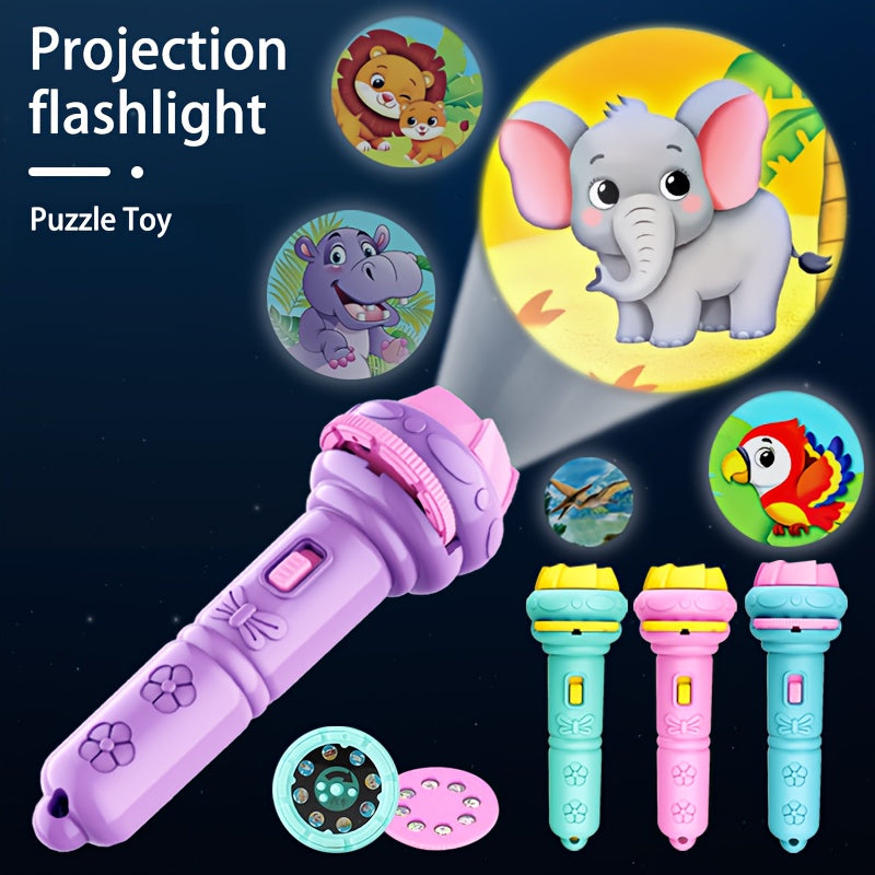 Projection flashlight for kids with 32 patterns featuring animals, dinosaurs, cars, and space for fun learning and bedtime education.