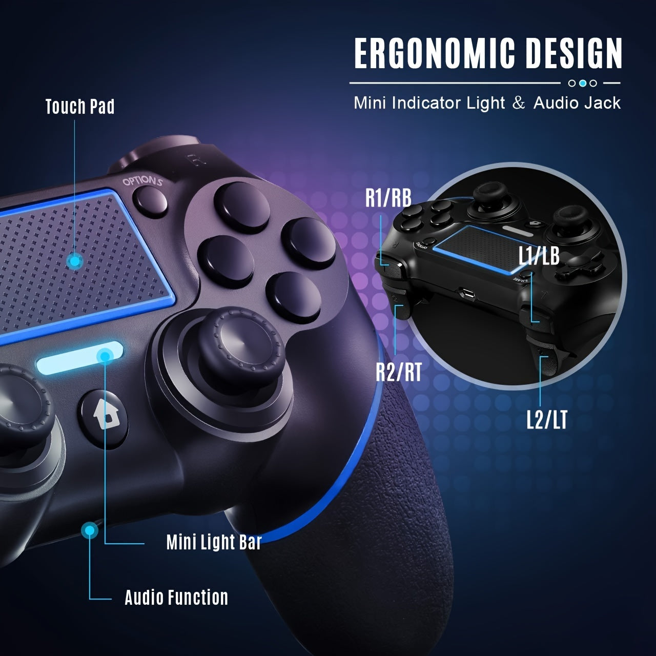 PS4 Wireless Controller with USB Cable, Dual Vibration, 6-Axis Motion Controls, Rechargeable 600mAh Battery, 3.5mm Audio Jack, Multi-Touchpad, Share Button - Compatible with