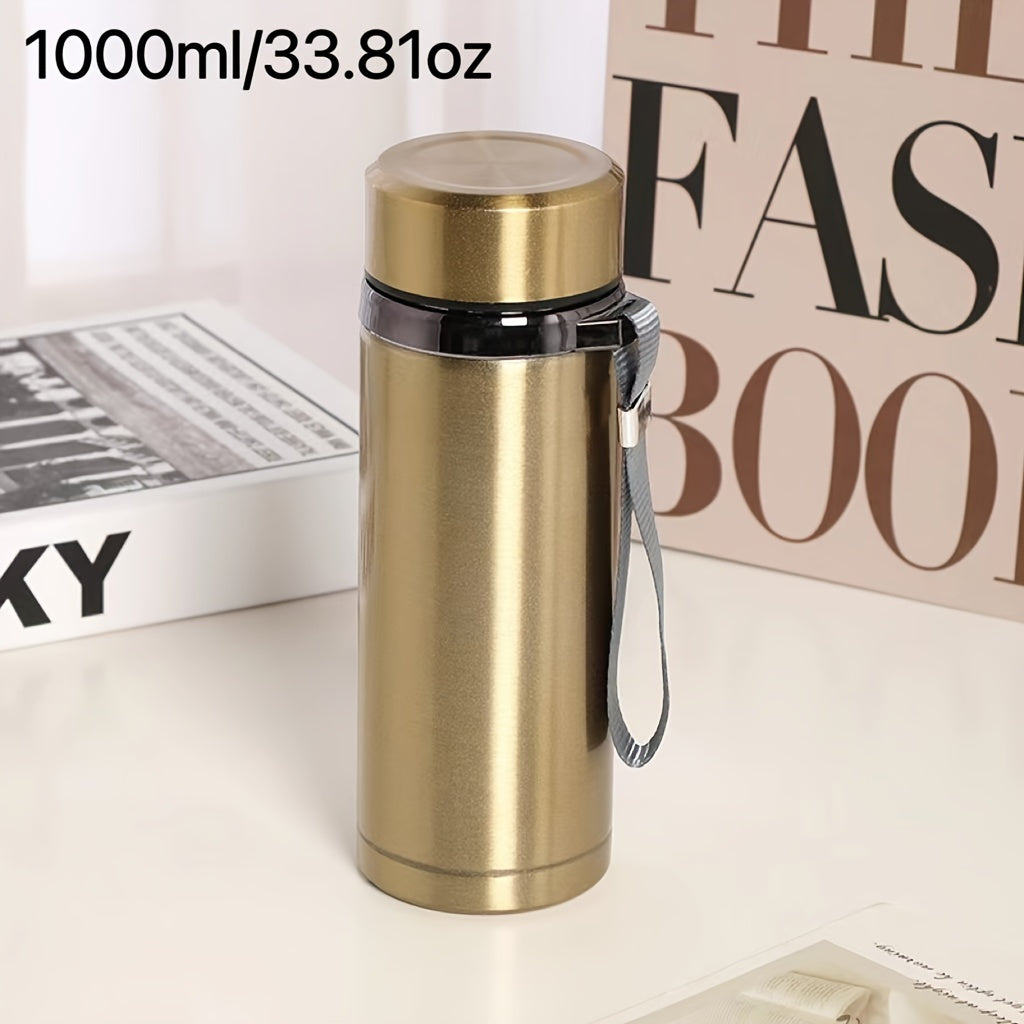 Men's large stainless steel portable travel mug with tea strainer, available for wholesale.