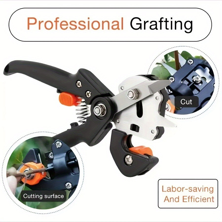 Gardening grafting tool set includes 3 cutting blades, screwdriver, small wrench, special storage bag, pruning shears, cutting knife, and grafting shears with 3 cutting types.