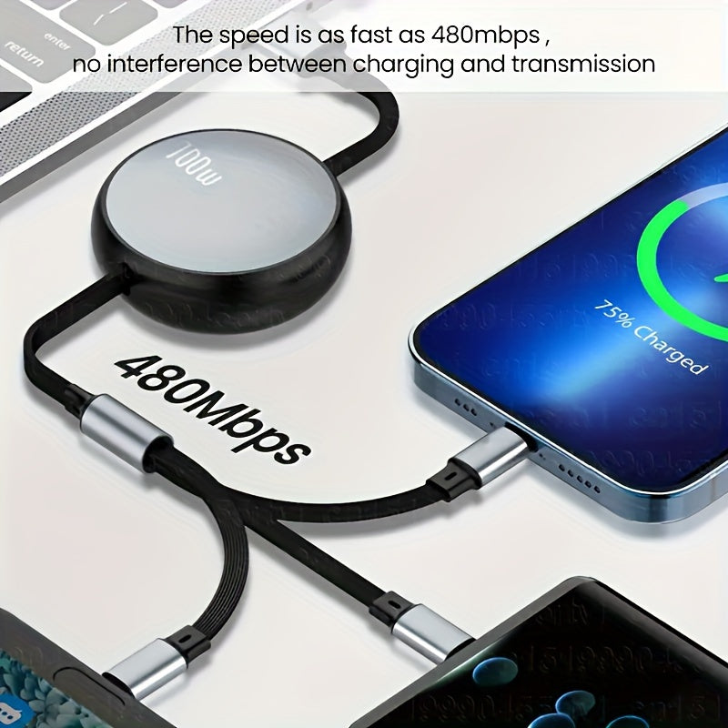 Retractable USB charging cable with 6A 100W fast charging for iPhone, Huawei, Samsung, etc. Data sync speed of 480Mbps and USB power supply under 36V.