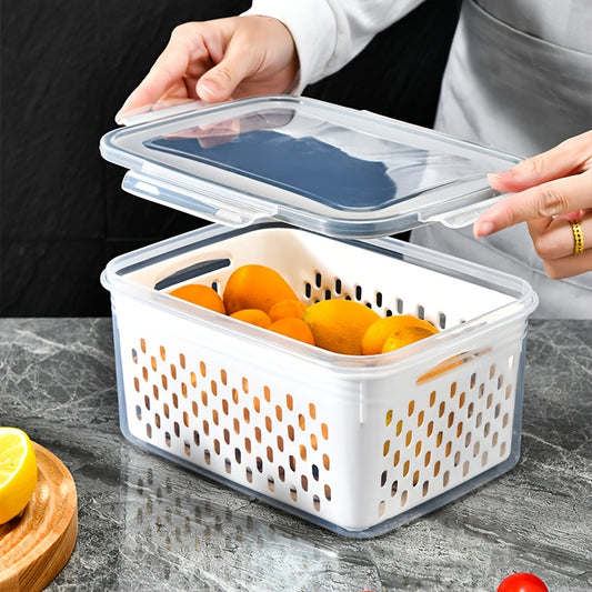 9-piece BPA-free plastic food storage set with drain baskets and lids for fruits, vegetables, and food. Leak-proof, freezer-safe, and reusable.