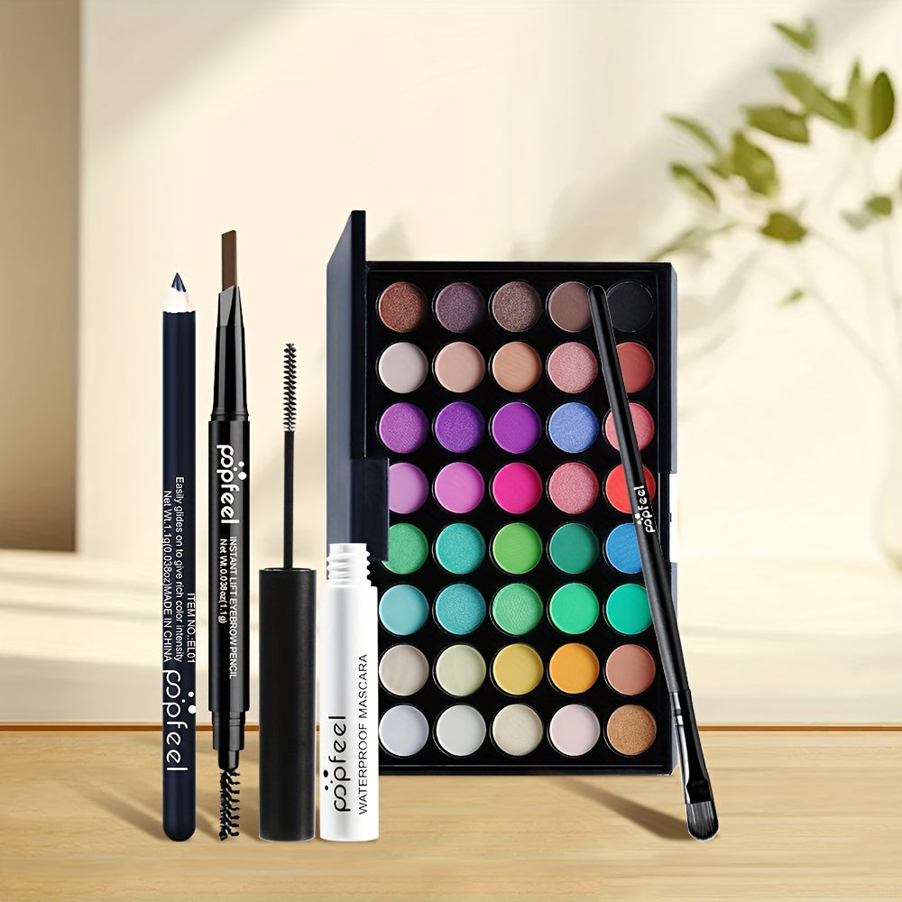 POPFEEL 40-Color Eyeshadow Palette Set in Black Tones with Brushes, Mascara - Portable Eye Makeup Kit