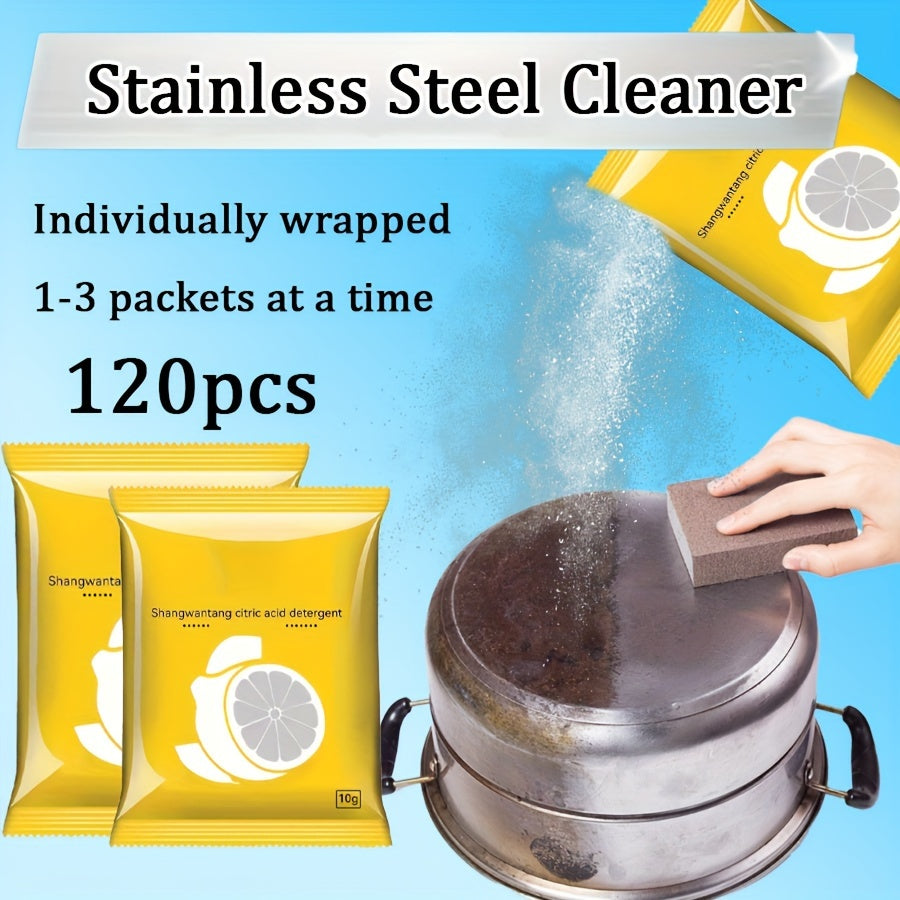 A pack of 120 stainless steel cleaner powder designed for metal surfaces. Each packet contains 10g of citric acid heavy-duty degreaser, leaving surfaces residue-free. This unscented, non-toxic formula is perfect for multipurpose kitchen cleaning