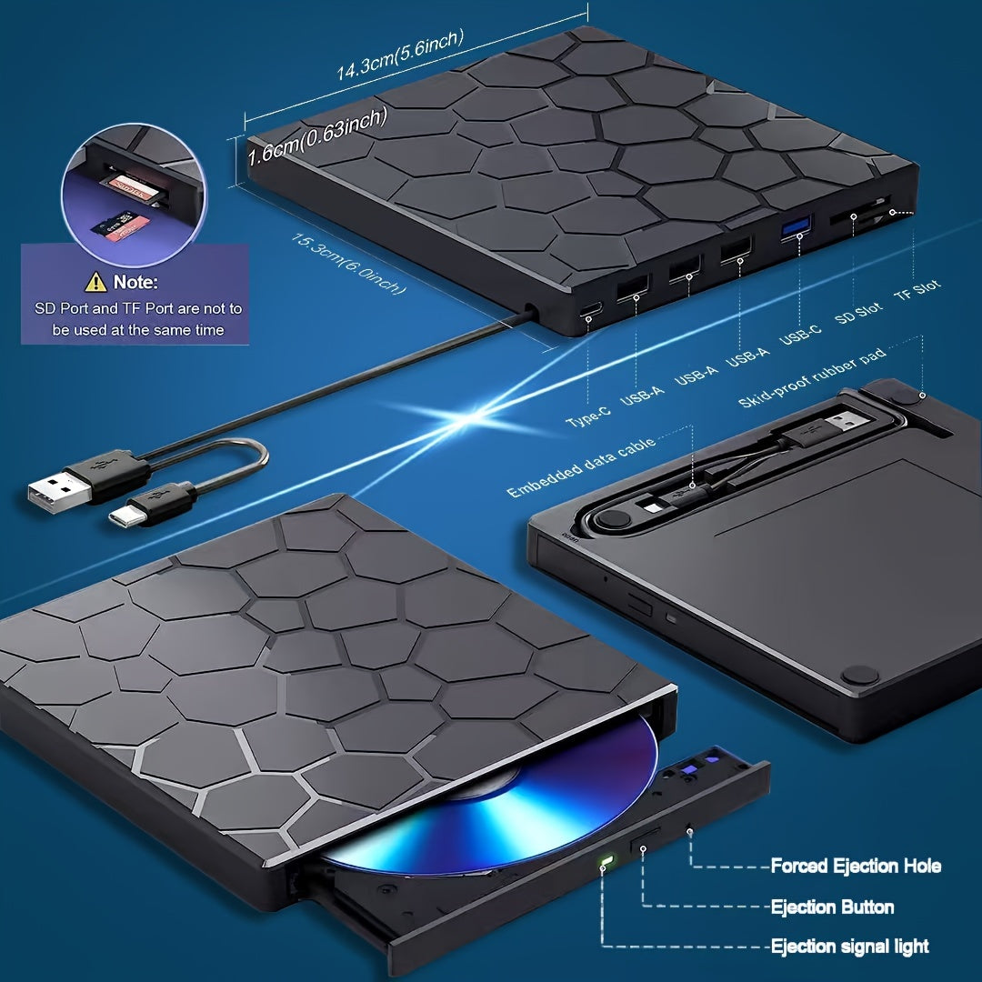 An ultra-thin portable CD/DVD drive with USB 3.0 Type-C port, SD card reader, and compatibility with various devices and operating systems.