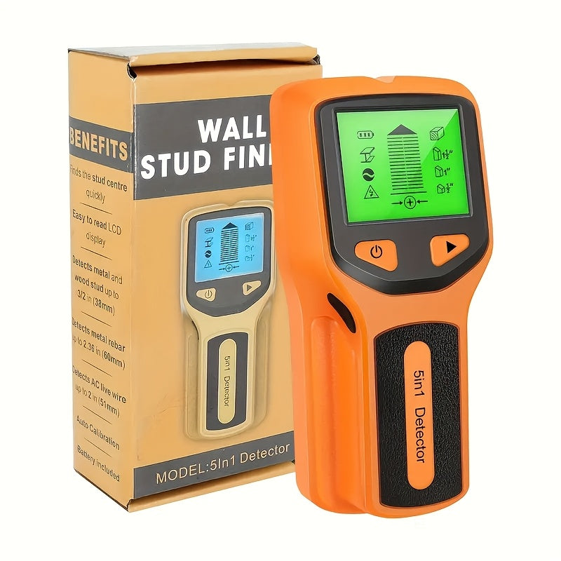 5-in-1 stud finder scans for wood, metal, and AC wires with backlit display, battery-operated (batteries not included).