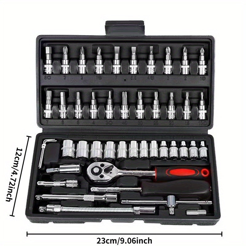 46-piece auto repair kit with carbon steel ratchet wrench sockets, perfect for mechanics and DIYers.