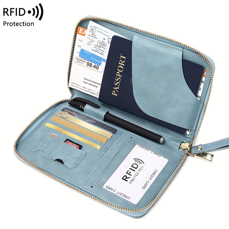 Brown PU travel wallet with RFID blocking for passports, cards, tickets, and IDs. Zipper closure and wrist strap, compact design with multiple compartments for secure organization.