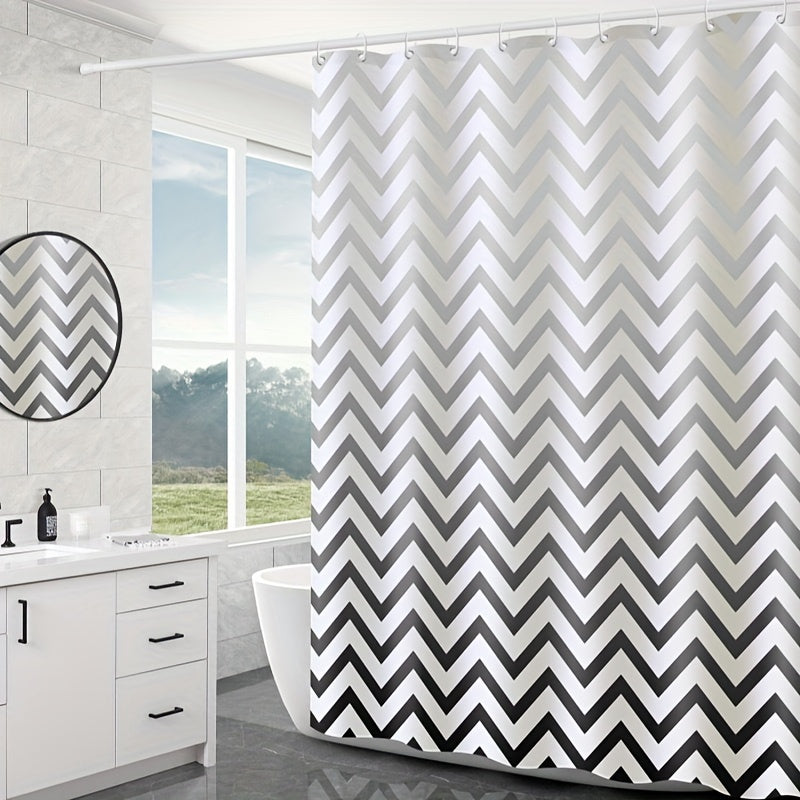 Chic black and white chevron shower curtain - waterproof, machine washable, includes hooks, ideal for any bathroom décor.