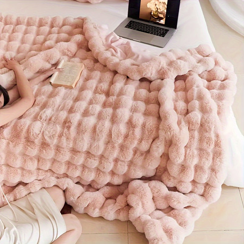 Get cozy with this versatile 1pc Double-sided Rabbit Fleece Blanket. Made with soft faux fur plush material, this solid color blanket is perfect for keeping warm on the couch, sofa, office, bed, camping, or travel. It also makes a great multi-purpose