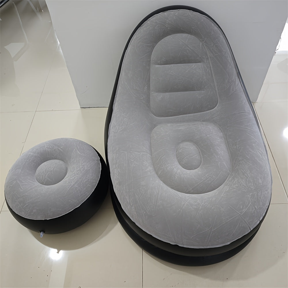 Inflatable Lounge Chair with Footrest, Vinyl Material, Suitable for Indoor/Outdoor Use, Easy to Inflate, Machine Washable, No Electricity Required, Perfect for Various Settings such as Living Room, Bedroom, Office, Balcony, Travel, Camping, and Picnics.