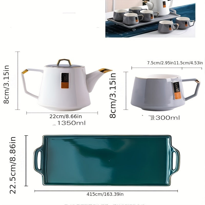 Stylish Nordic Ceramic Tea Set - Comes with Kettle, Cups & Tray - Suitable for Home, Office, and Restaurant - Handwashing Recommended