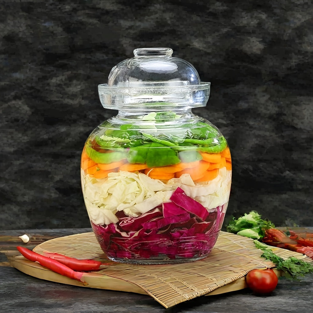 Glass fermentation jar with lid for pickling, 1500ml capacity, ideal for kimchi, sauerkraut, and more. Made of high borosilicate glass with water seal design.