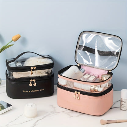 Stylish and practical travel makeup bag with double layers, made of waterproof PU material, featuring a transparent wash bag and large storage capacity.