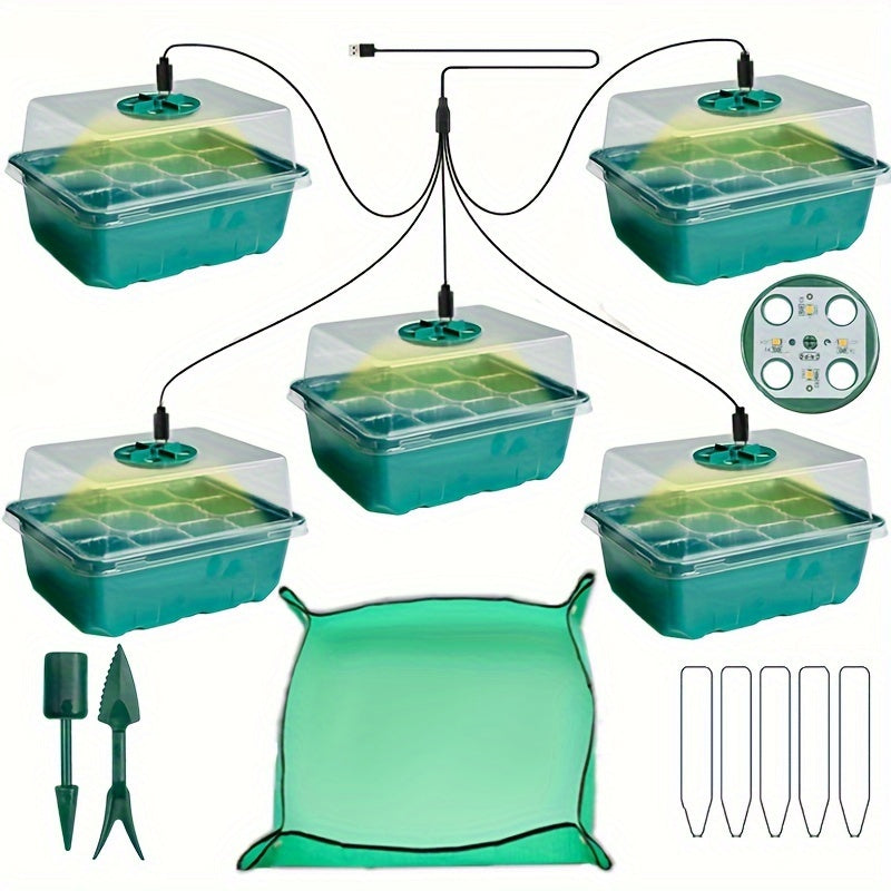 Plant seedling boxes with supplementary lighting, cultivation holes, seedling tools, label cards, and mats for optimal germination.