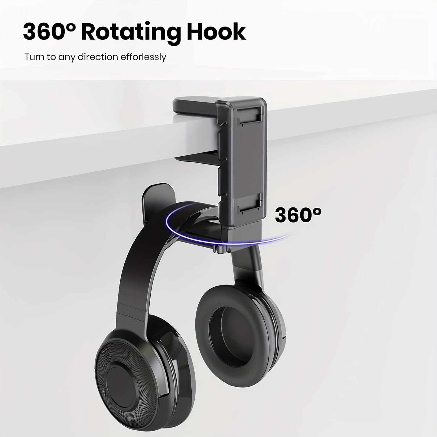 Black 3-in-1 Adjustable Gaming Headset and Controller Holder with Rotating Arm Clamp for PS5/Switch/Xbox. Features an Under Desk Stand and Cable Organizer Hook.