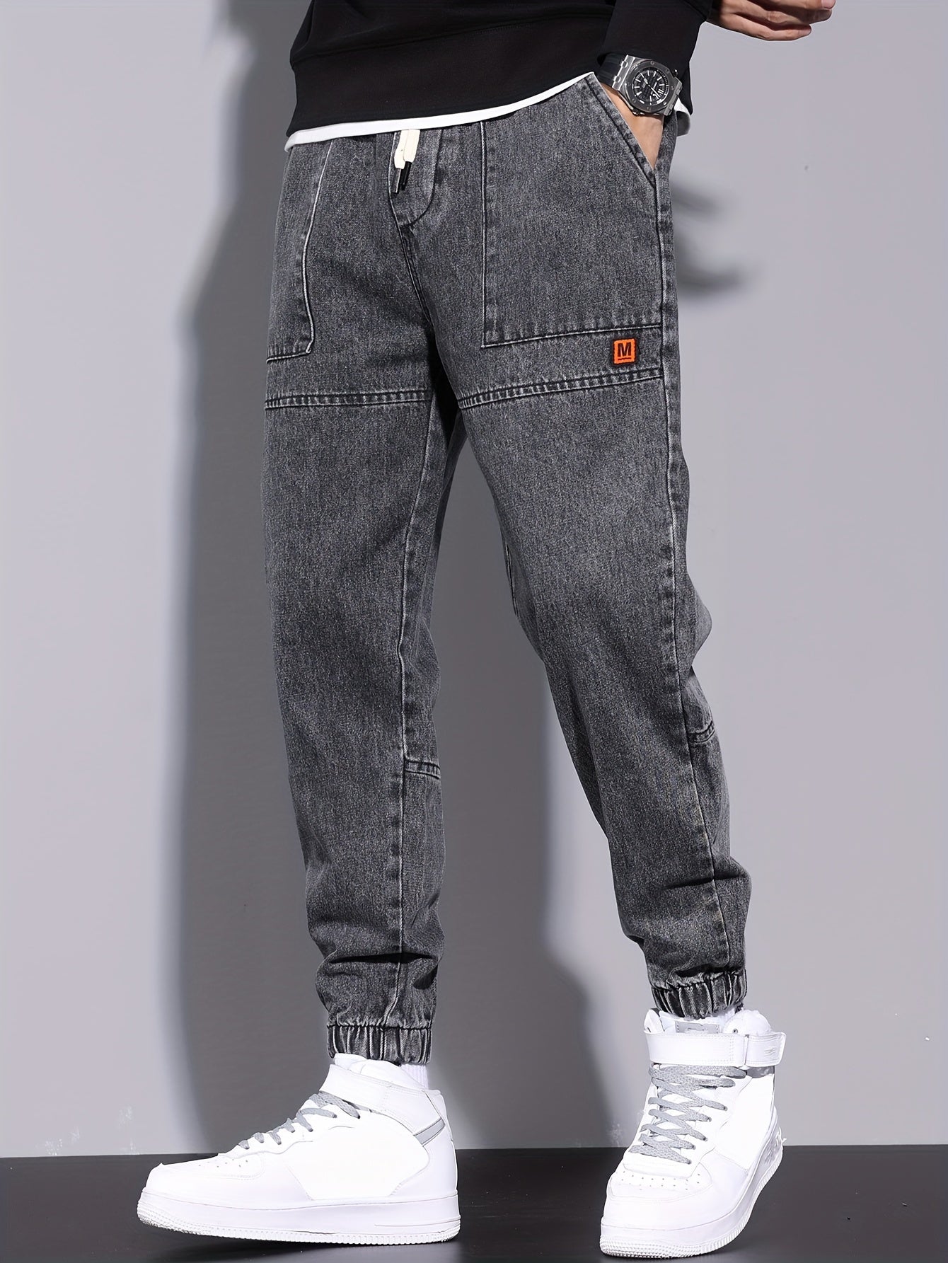 Men's harem jeans with elastic drawstring waist, perfect for all seasons.