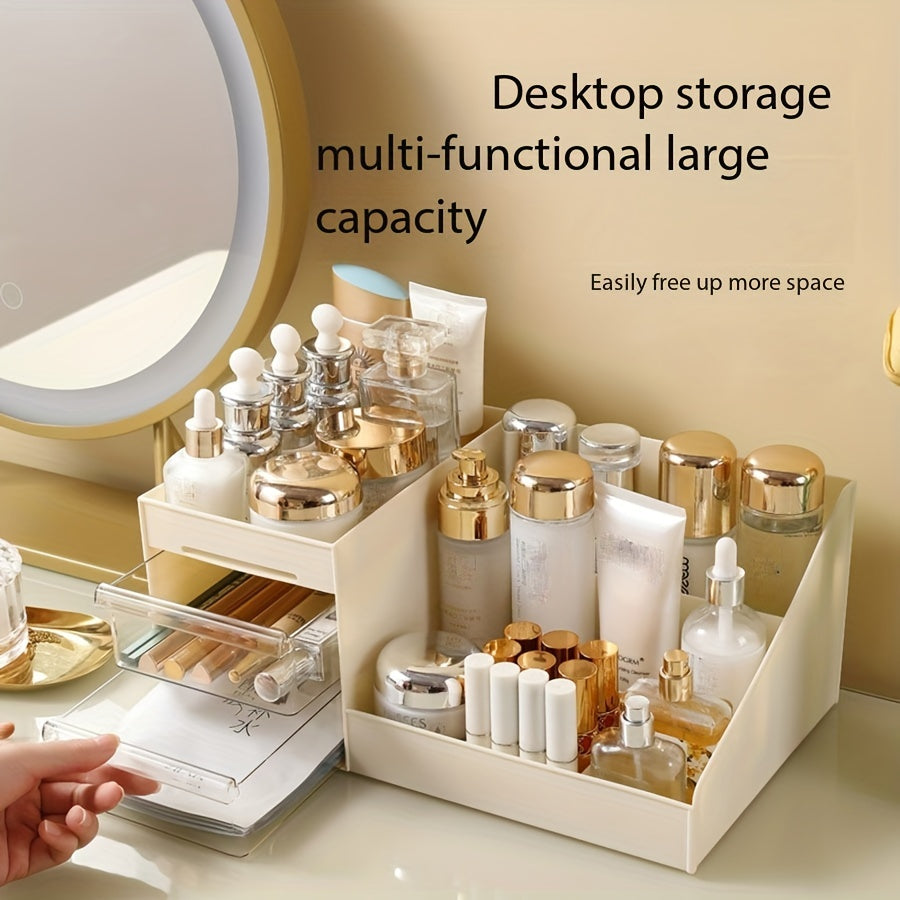 Clear acrylic makeup organizer with drawers for skincare, brushes, and accessories. Ideal for bathroom organization.