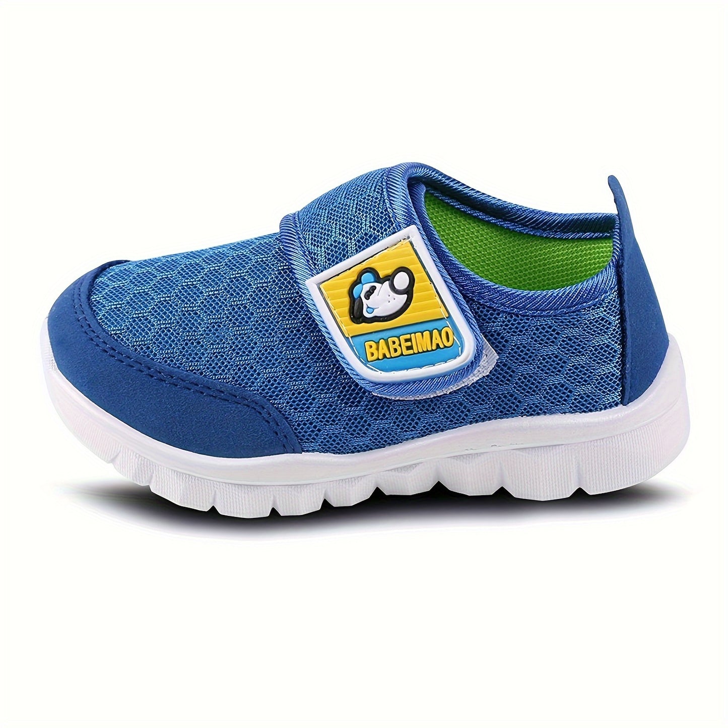 Breathable mesh sneakers with hook-and-loop strap, rubber sole, light gray with black accents for boys.