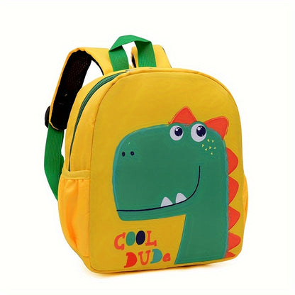 Kids' dinosaur backpack: durable, waterproof nylon with adjustable straps, machine washable, blue with yellow accents for school & outdoor activities