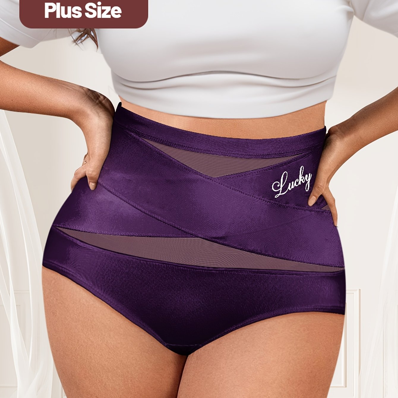 Plus size high-waist women's underwear in elegant purple, featuring tummy control, butt lifting, and waist reduction with a breathable mesh, cross-compression design.