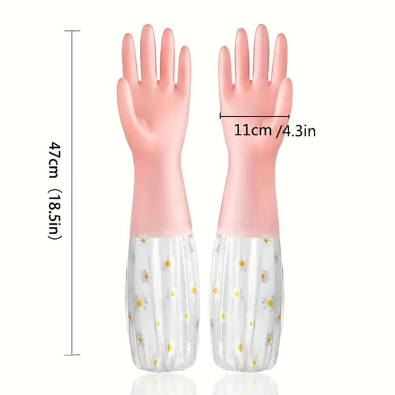 Waterproof PVC cleaning gloves with a daisy pattern, perfect for non-slip dishwashing in the kitchen, laundry, bathroom, toilet, and living room. These alcohol-free gloves are multi-purpose and ideal for all your cleaning needs. One pair included in the