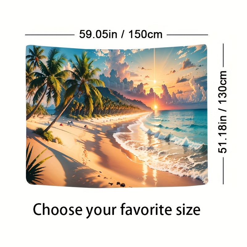 Tropical Beach Paradise Tapestry featuring Palm Trees and Sunset Beach, Stunning Artwork for Home Decor