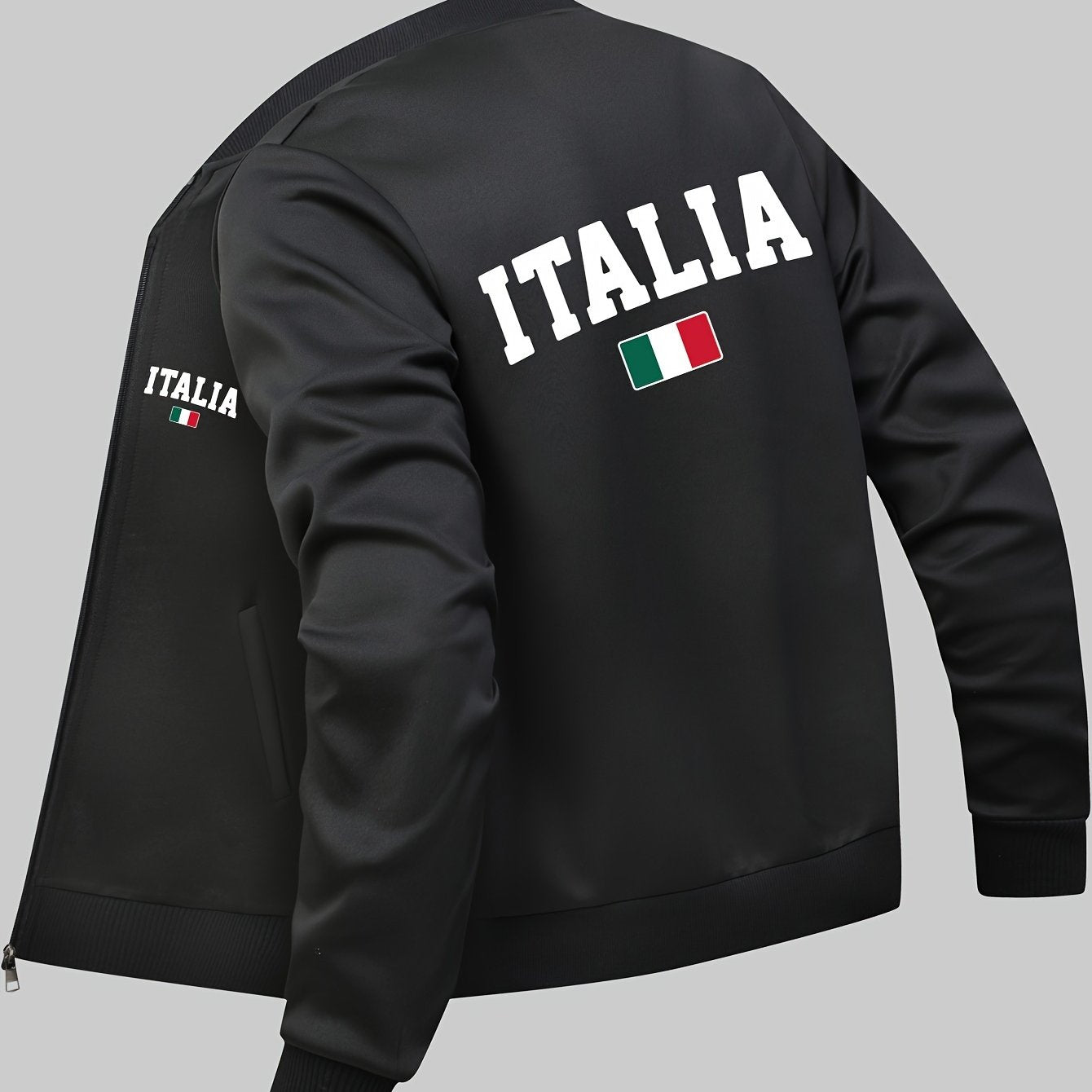 Stylish Italian Flag Print Bomber Jacket for men in red with zipper pockets, stand collar, and long sleeves. Perfect for fall and winter. Casual sporty outerwear.