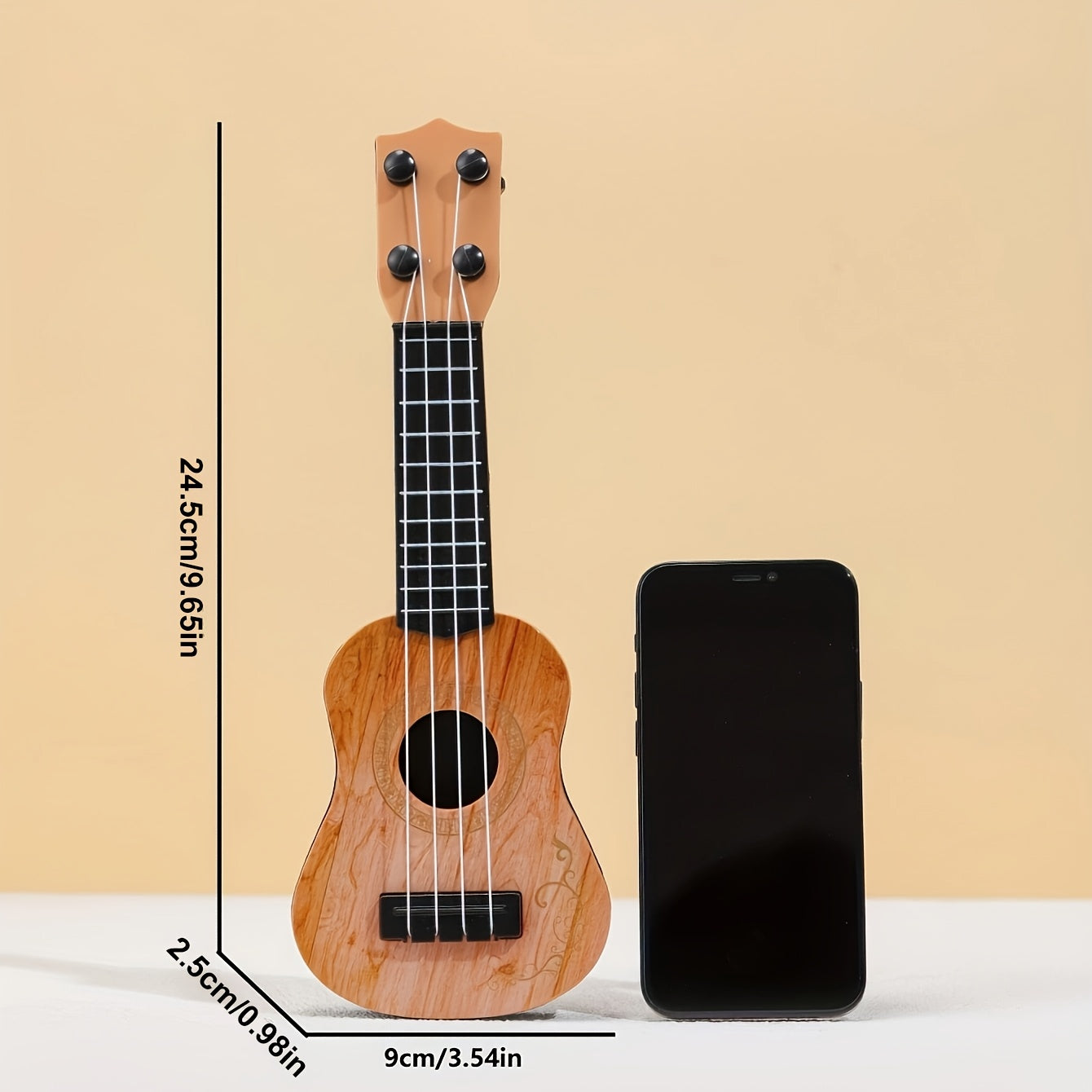 Mini playable uke instrument figurine made of plastic for home and office decor, ideal gift for music enthusiasts.