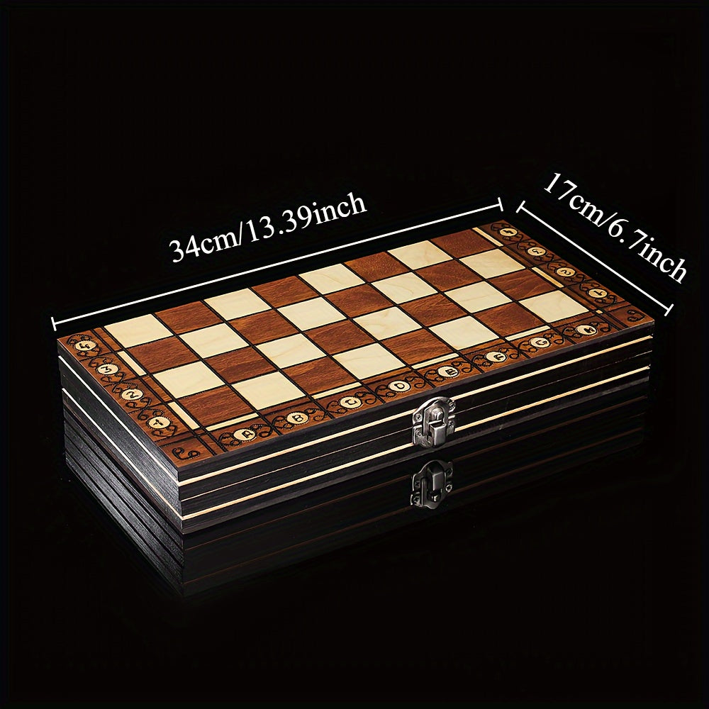 Wooden 3-in-1 board game set with chess, checkers, and backgammon. Foldable, portable, and velvety interior for slip-resistance. Durable wood fiber construction. Suitable for teens and